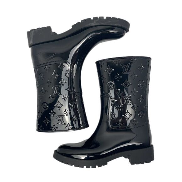 Louis Vuitton Black Mid-Calf Rain Boots Monogram Pattern Women’s Size 39 - Picture 3 of 16